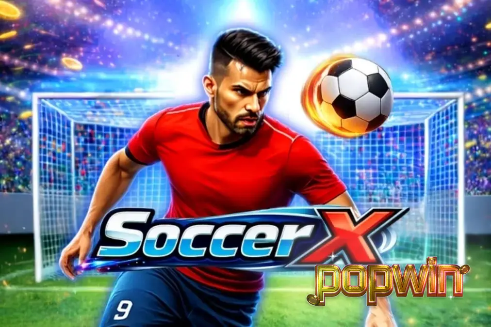 Tampilan antarmuka permainan slot SoccerX dengan latar belakang stadion sepak bola.
